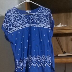 Indigo Royal Blue Blouse with White Embroidery